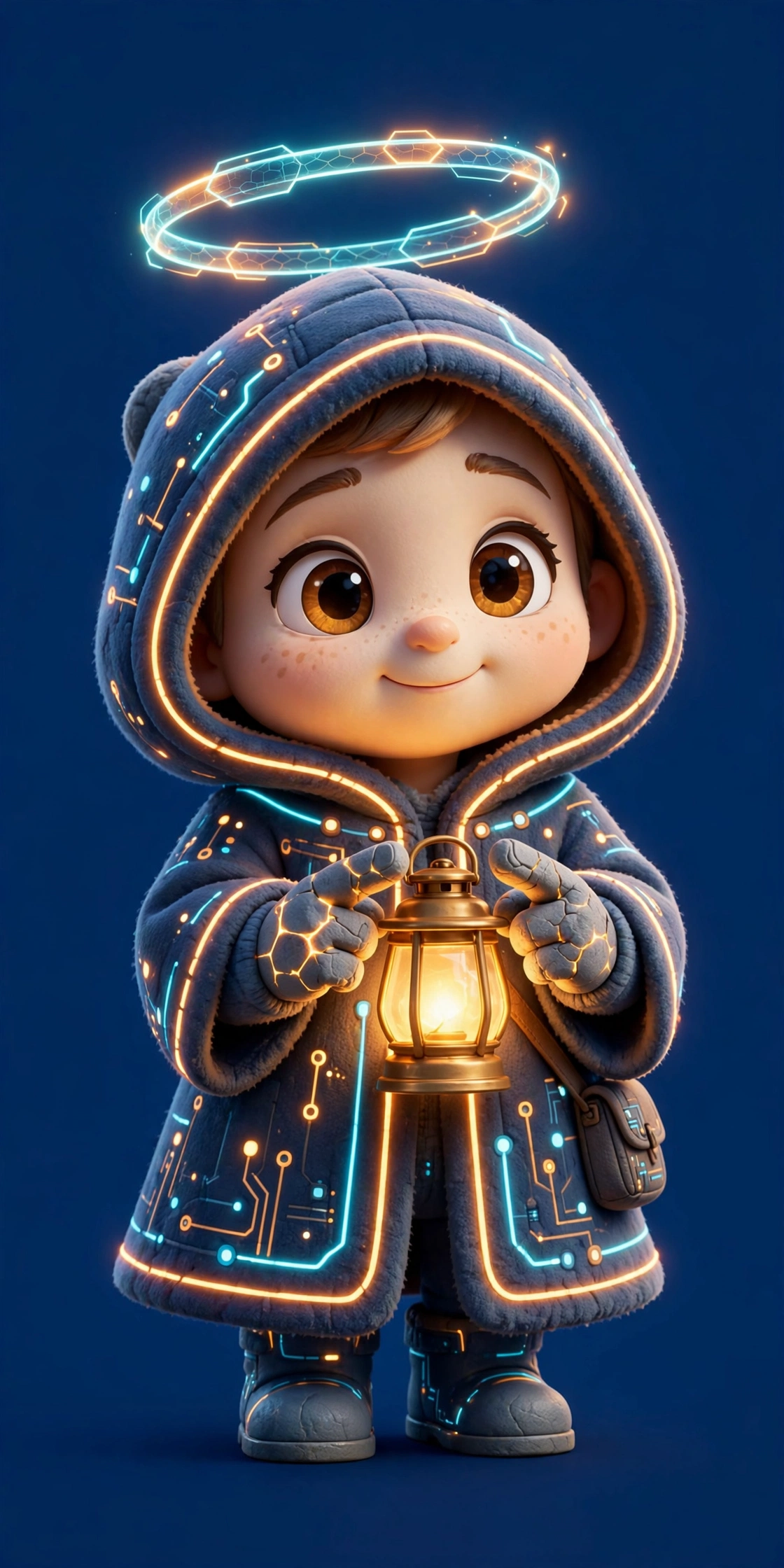 The Sire of Light: a cute cartoon lantern-bearer in a hooded cloak with glowing neon circuit trim and a holographic halo, holding a lit lantern