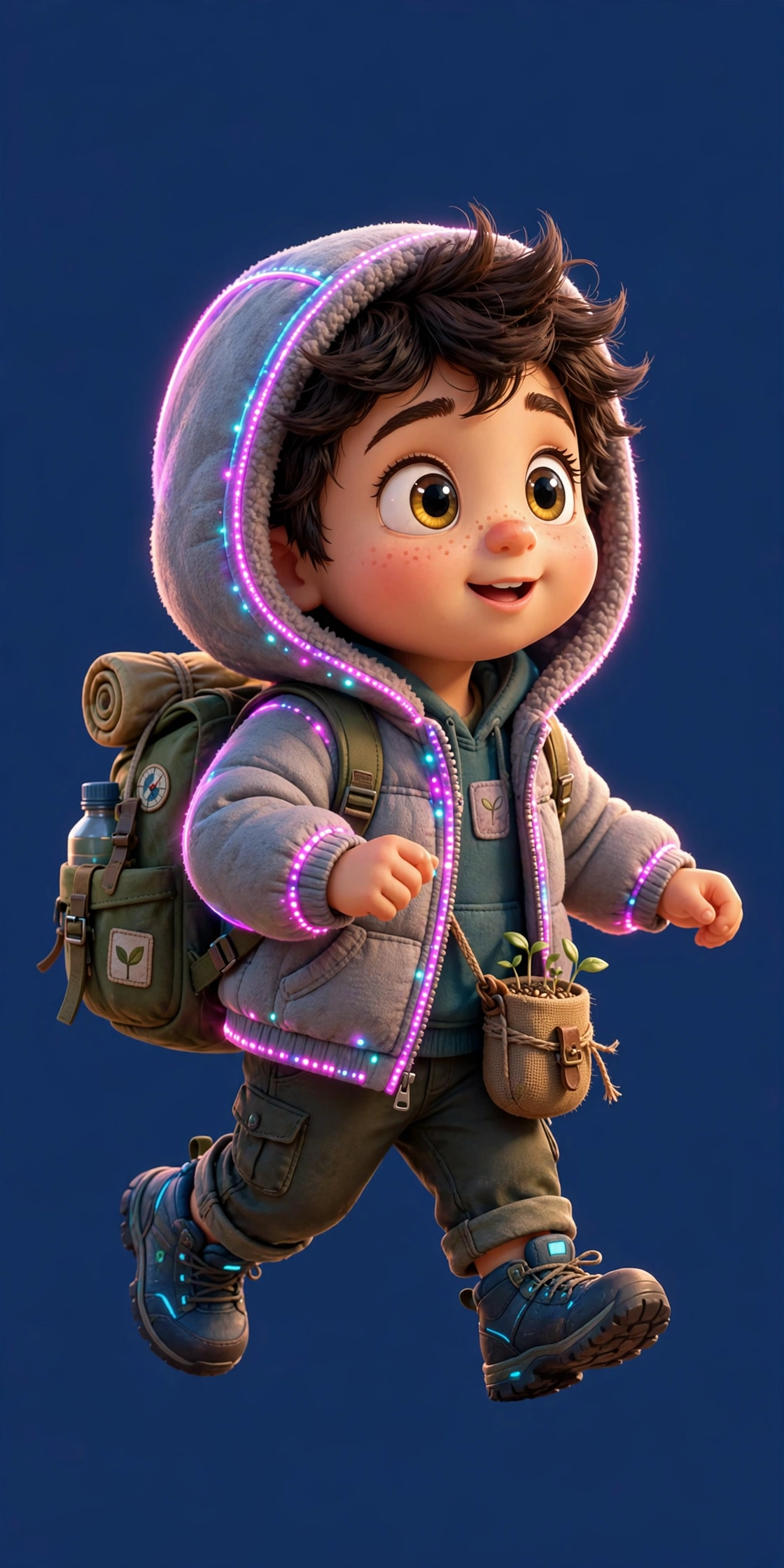 You, the walker: a cute cartoon traveler with a neon-trimmed hoodie, a backpack, and a pouch of seeds with green sprouts