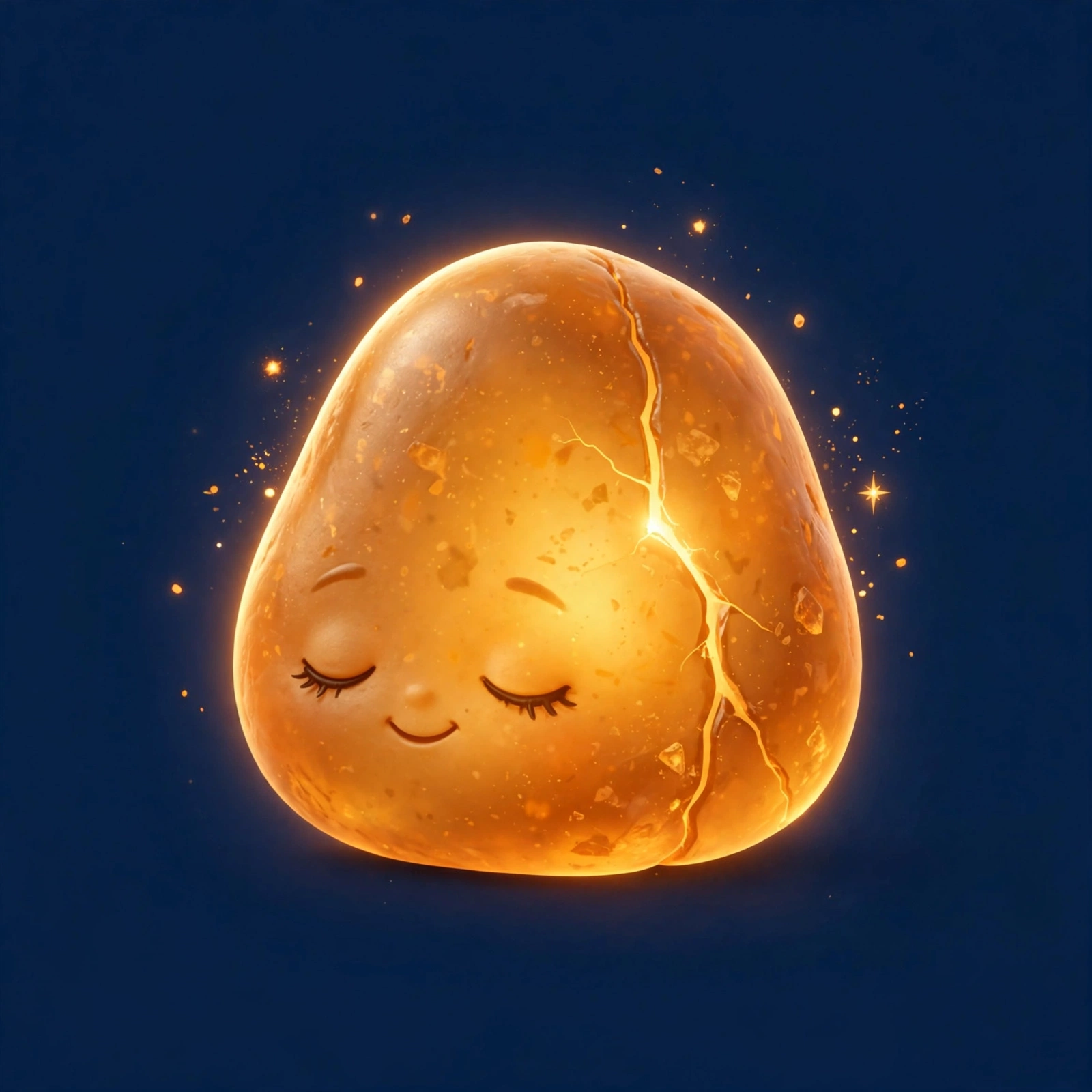 The guide's stone: a small, cute, rounded amber stone with a sleepy contented face and golden light glowing through a crack