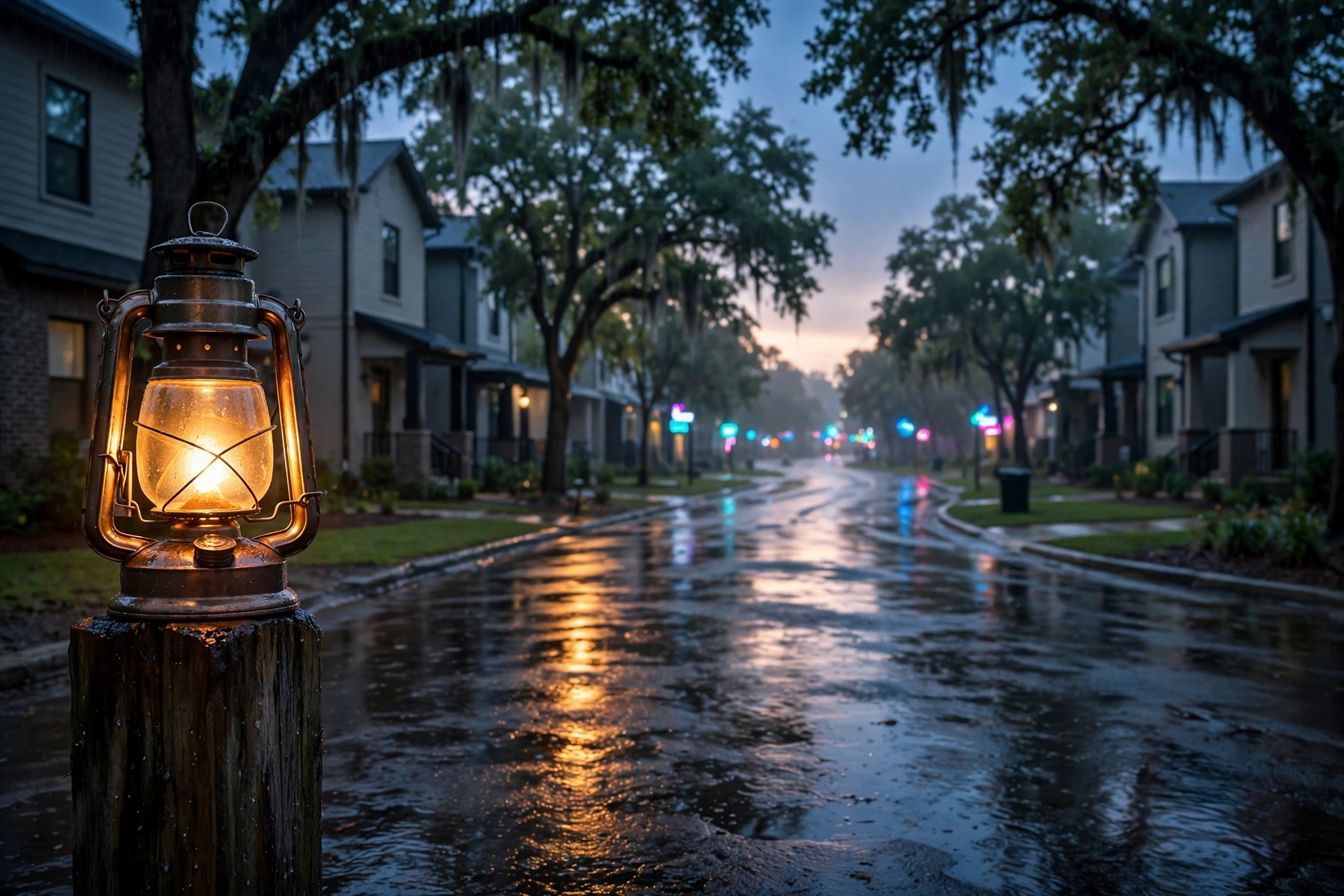 A real Houston street at dusk after rain: a lit vintage lantern on a wooden post in the foreground, wet asphalt reflecting amber light, townhomes and live oaks, soft neon signs glowing cyan and magenta far down the road
